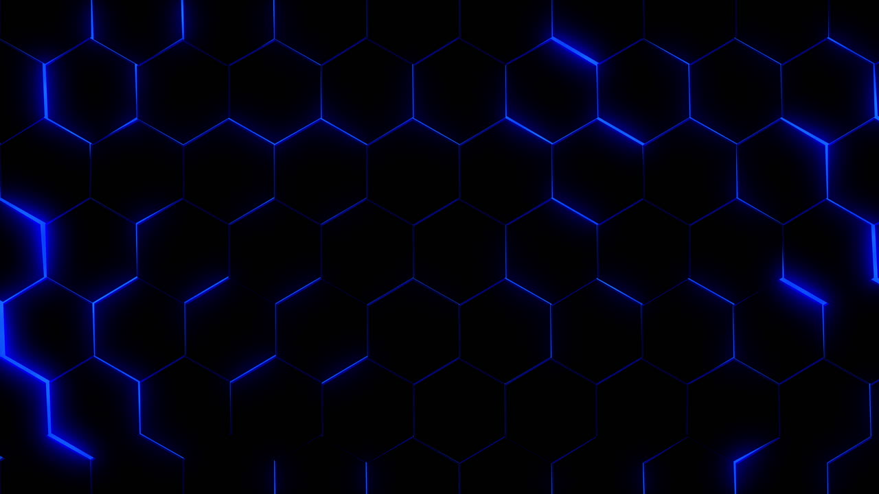 Futuristic surface of dark hexagons with neon blue glow. Technological background with patterns. Looped seamless animation.