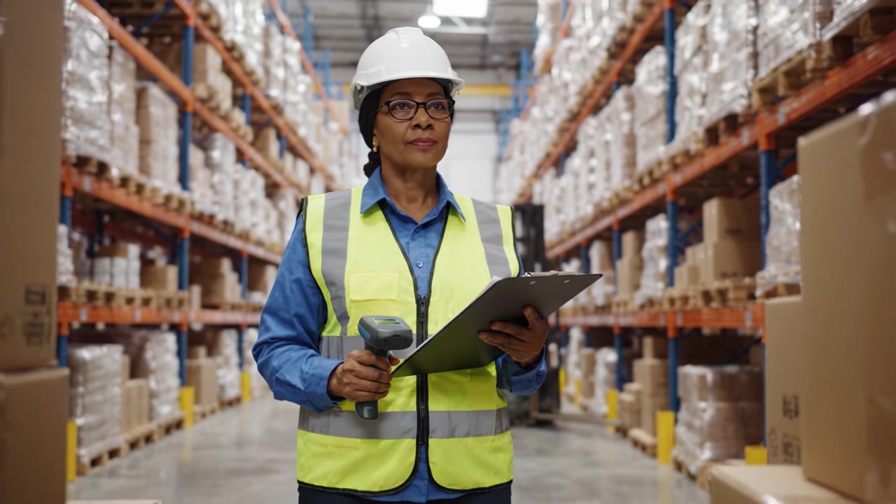 Efficient Warehouse Management: A Female Worker Using a Scanner to Organize Inventory in a Well-Stocked Distribution Center with Smart Logistics Practices