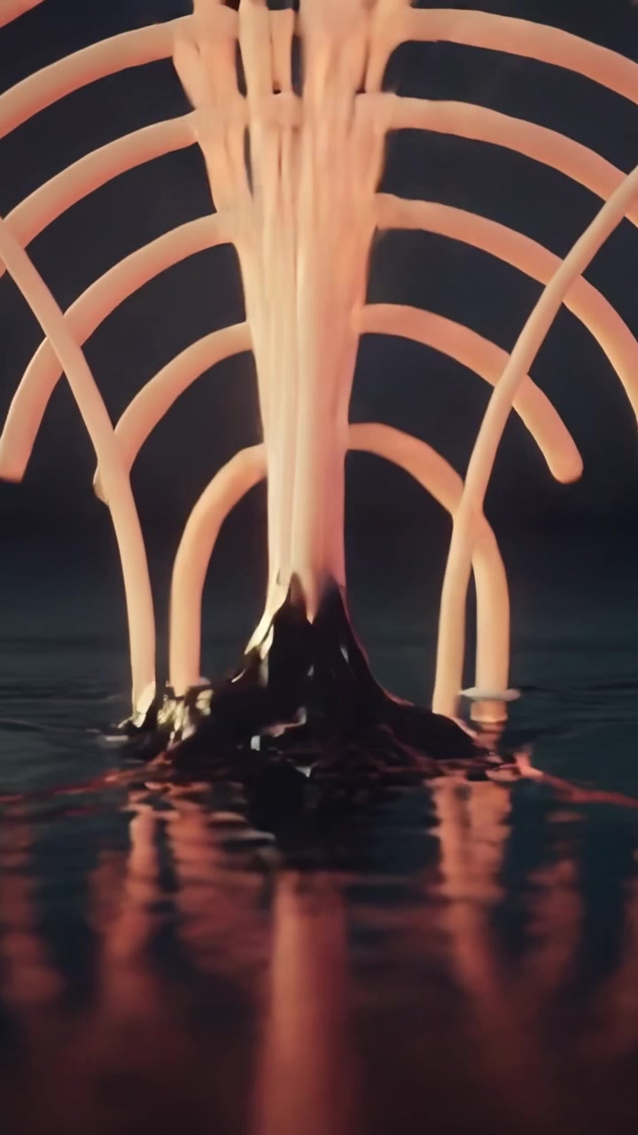 Video verticale: Arte luminosa che erutta, con tubi rosa che si proiettano dalla base in una piscina scura, archi luminosi.