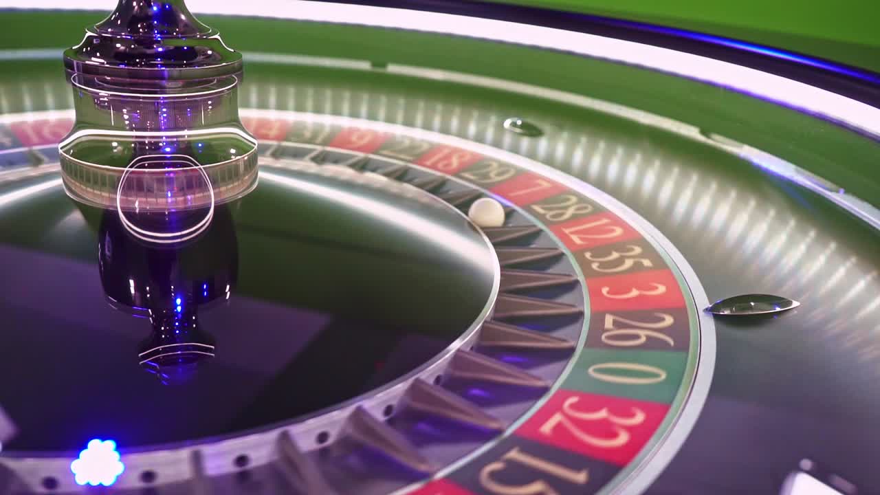 White ball navigating spinning roulette wheel, landing dramatically on specific number within casino gaming environment highlighted by reflective surfaces and dramatic motion