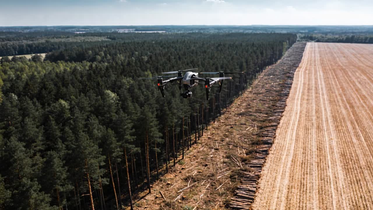 Quadricottero che entra volando lungo il bordo della foresta, filmando ceppi, tronchi e file di colture con gimbal