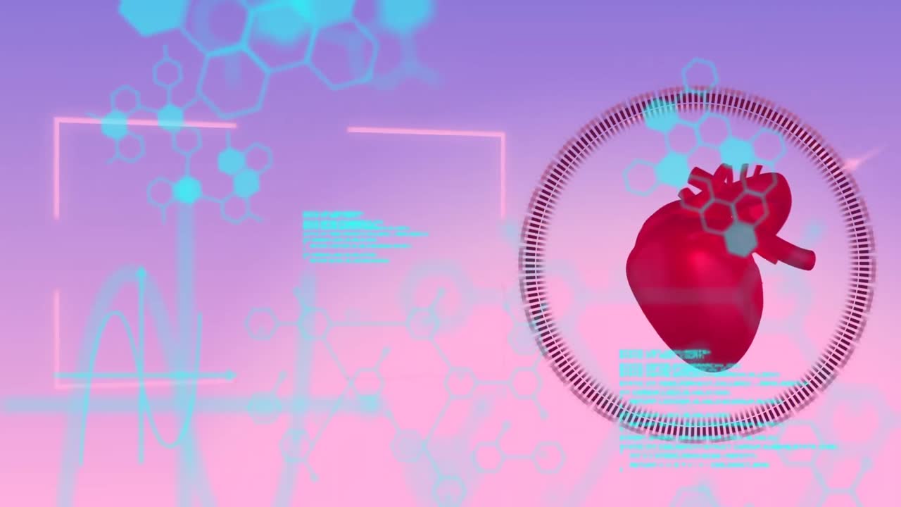 Animazione di formule chimiche ed elaborazione dati su un modello di cuore umano che batte