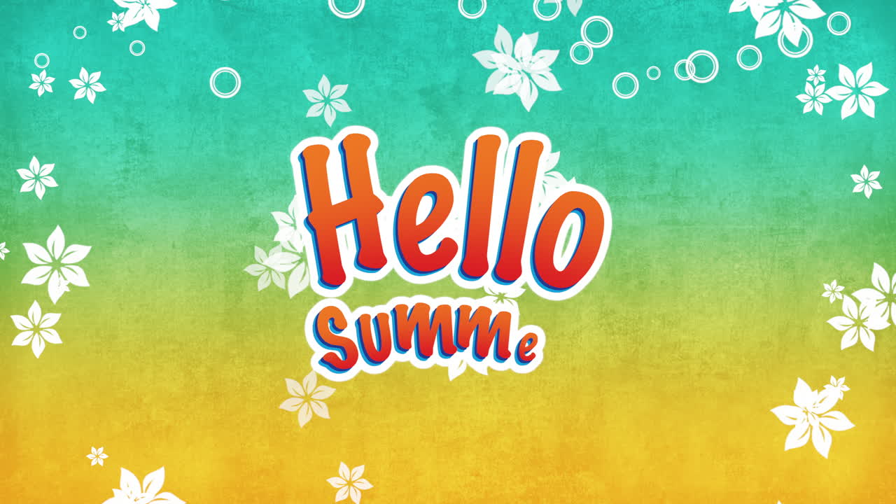 Animated text Hello Summer with fly flowers