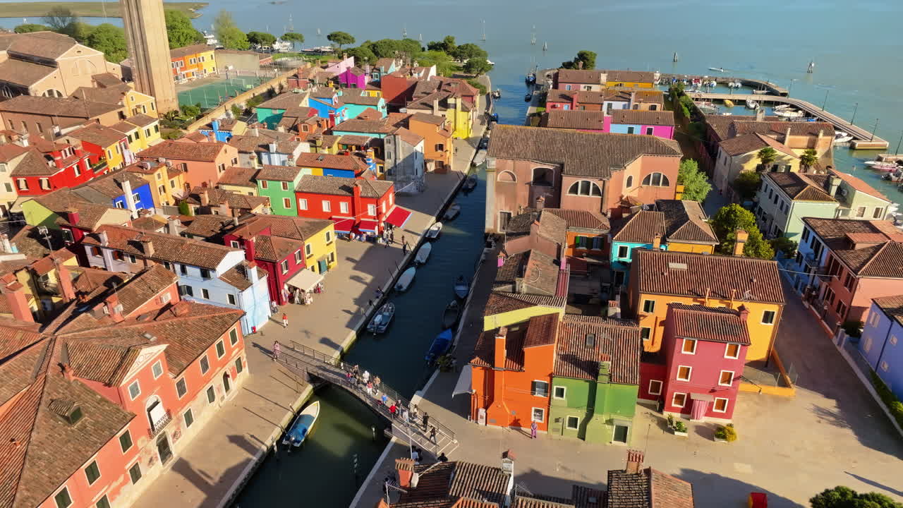 Aerial drone view of the colourful houses of Burano Island, Italy