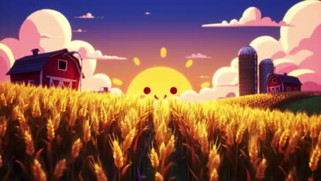 a vibrant sunrise over a tranquil farm landscape, featuring golden wheat fields, charming barns, and a delightful smiling sun illuminating the scene