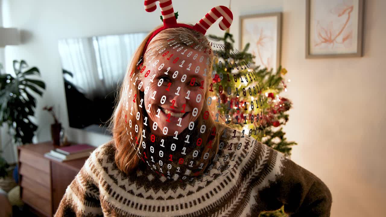 Binary overlay sweeping across face causing woman turning toward camera, creating tech holiday shot