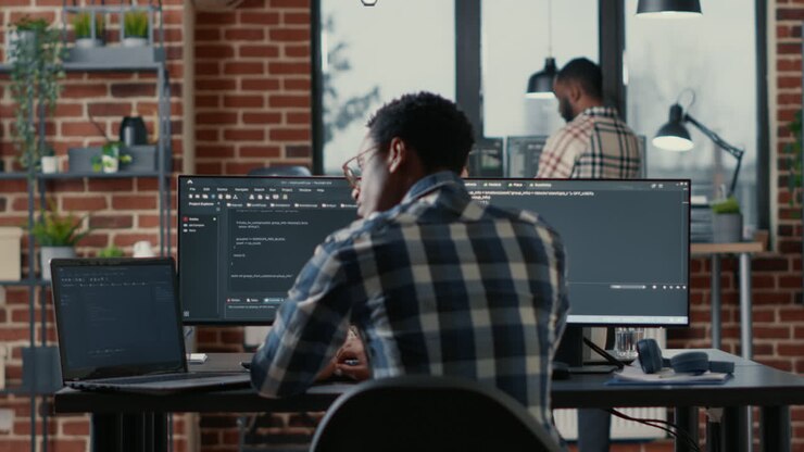 Programmerer, der koder på bærbar computer, sidder ned ved skrivebordet med computerskærme, der fortolker kode