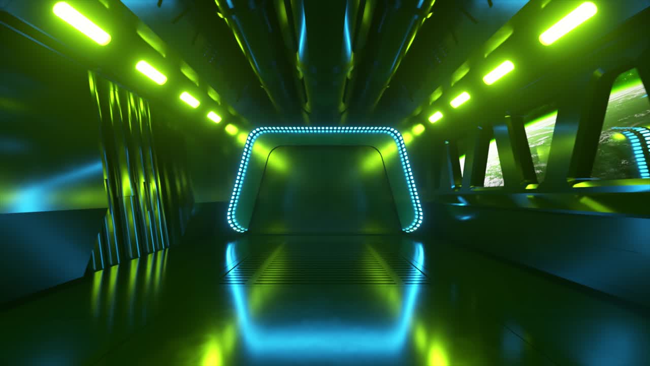 научно-фантастический туннель в космическом пространстве с неоновым светом. планета земля за окном космического корабля. концепция космических технологий. 3d-анимация бесперебойной петли