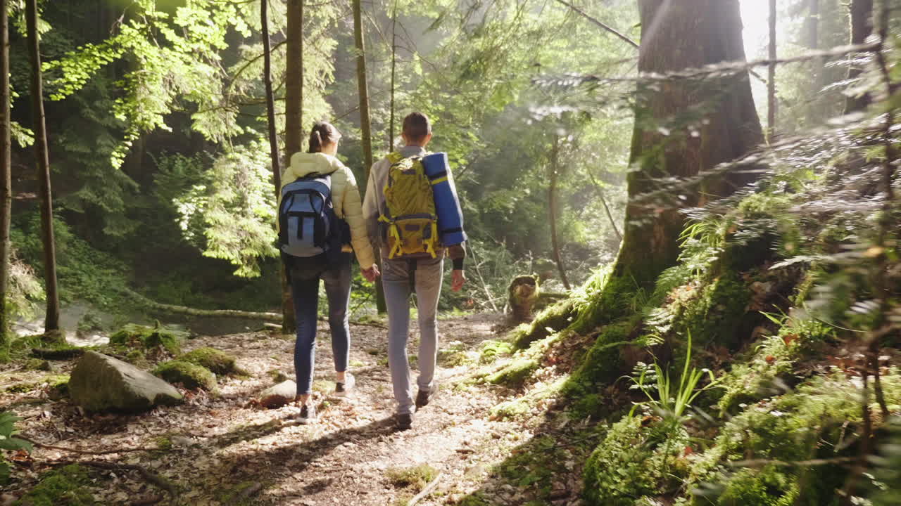 una pareja joven camina por un sendero panorámico en el bosque