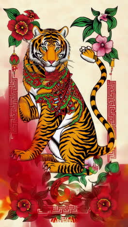 majestic tigers amidst vibrant floral designs in traditional chinese art style