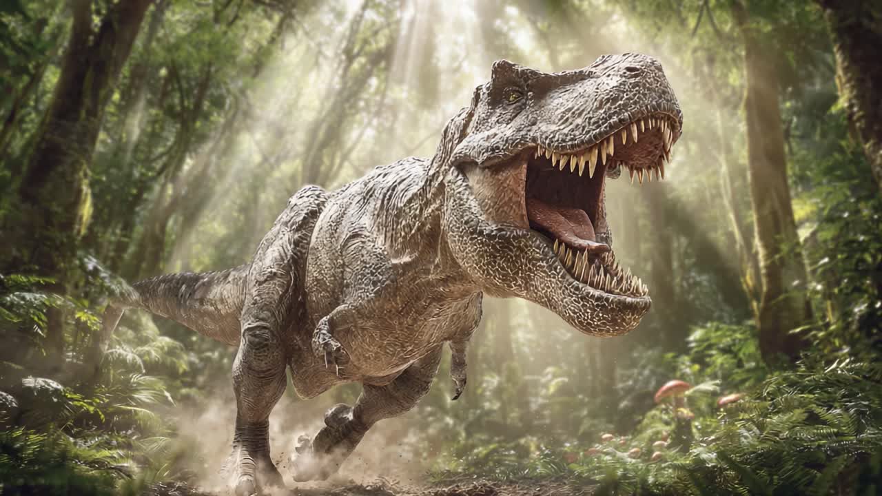Un Potente Tirannosauro Rex si Aggira Attraverso una Giungla Rigogliosa e Illuminata dal Sole, Mostrando la Sua Presenza Maestosa e le Sue Caratteristiche Terrificanti in uno Spettacolo Indimenticabile di Vita Preistorica