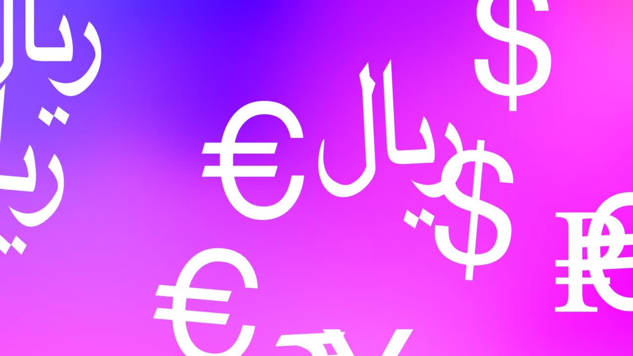 애니메이션 화폐 기호 외환 거래 돈 gdp 경제 소득 달러 파운드 엔 유로 떠다니는 운동 그래픽