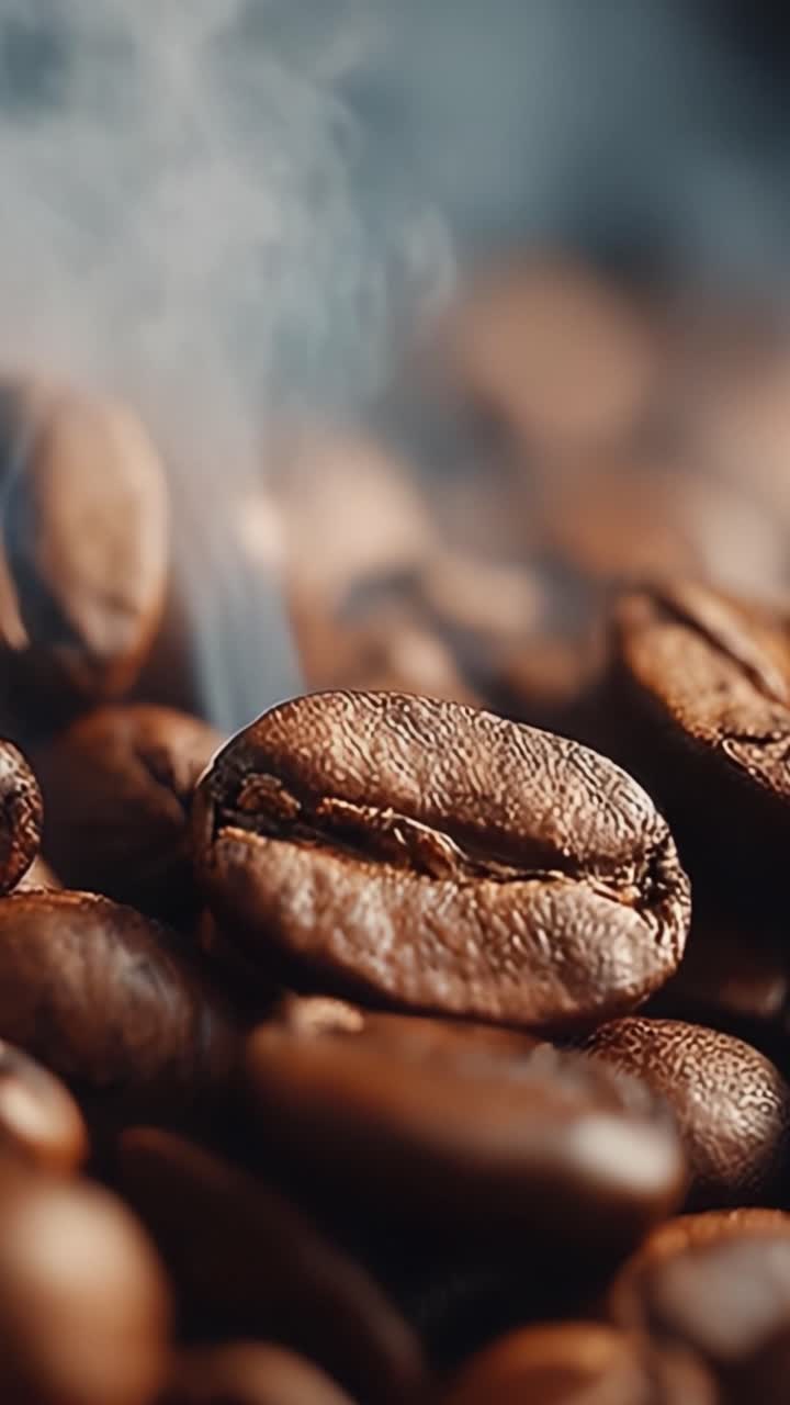 Et nærbillede af aromatiske kaffebønner, der fanger deres rige tekstur og smag med en let tåge, der stiger op, perfekt til kaffeentusiaster og kendere.