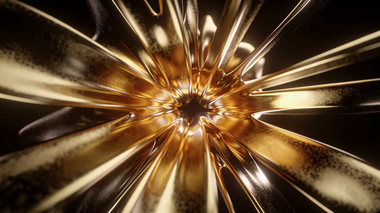 Raggi dorati che si dispiegano e si estendono nel vuoto nero, rivelando un'apertura scura con riflessi speculari.