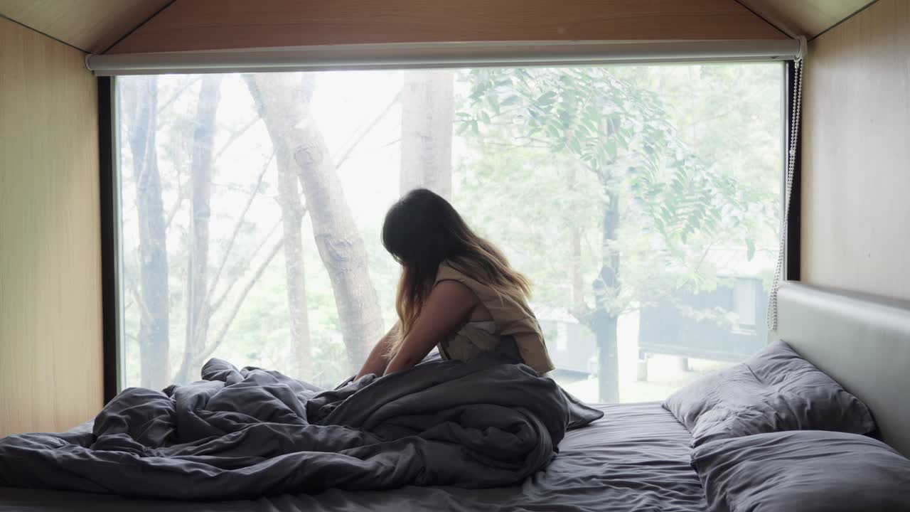 Waking moments, comfortable cozy bed, sleepy morning, slow motion