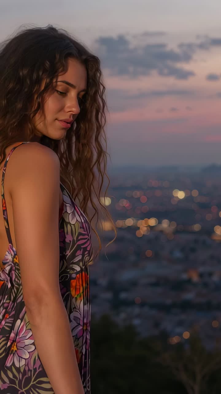 Vídeo vertical: mulher caminhando em vestido floral observando a cidade na colina, pôr do sol convidando à pausa, espaço para texto