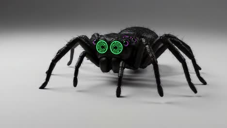 a close-up view of a futuristic spider with glowing green eyes and intricate textures displaying detailed features in a minimalistic environment
