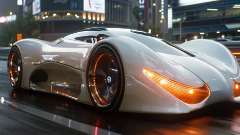 futuristic concept car driving through a neon city at night