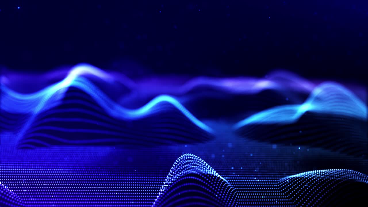 4k looped sci-fi particle background with bokeh and light effects. Glow blue particles form lines, surfaces, complex structures in smooth motion like in microworld or space. Holographic landscape