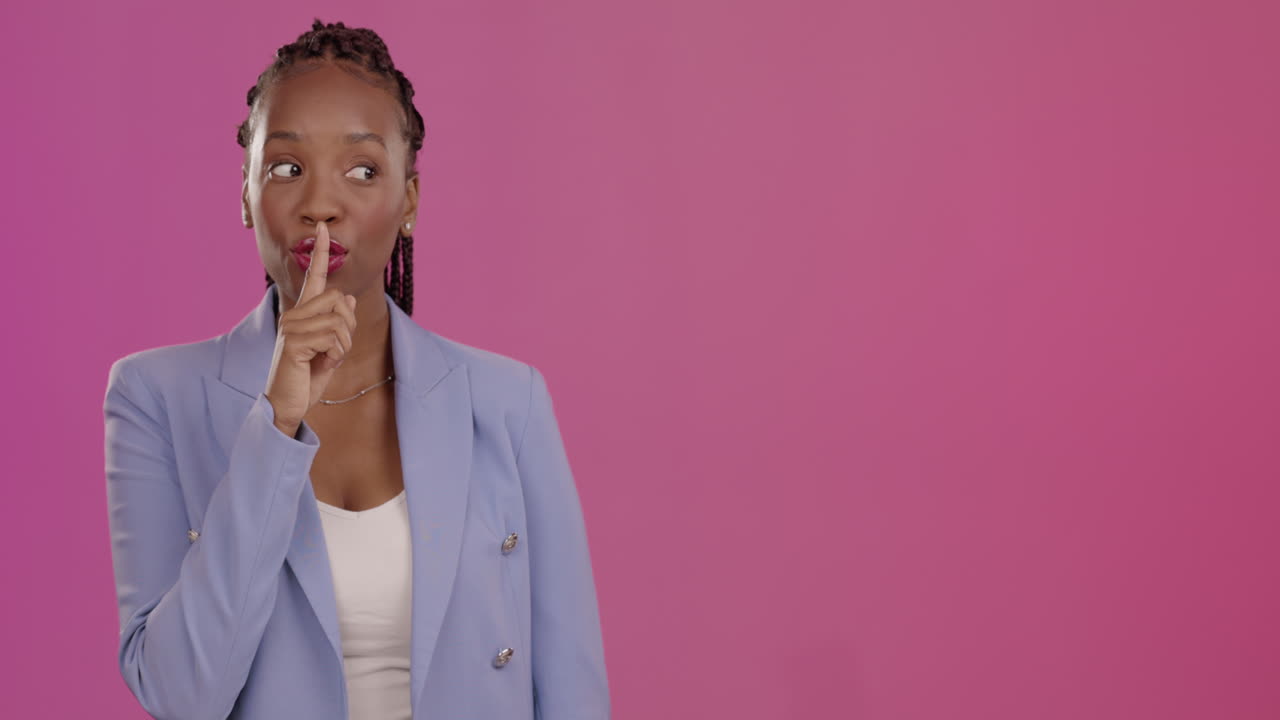Face, secret and finger on the lips of black woman