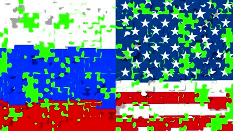 mitad de las banderas de los estados unidos de américa y mitad de la bandera rusa con piezas de rompecabezas fondo cayendo en chroma clave pantalla verde fondo, crisis entre ee.uu. américa y la federación rusa reunión internacional o concepto de negociaciones