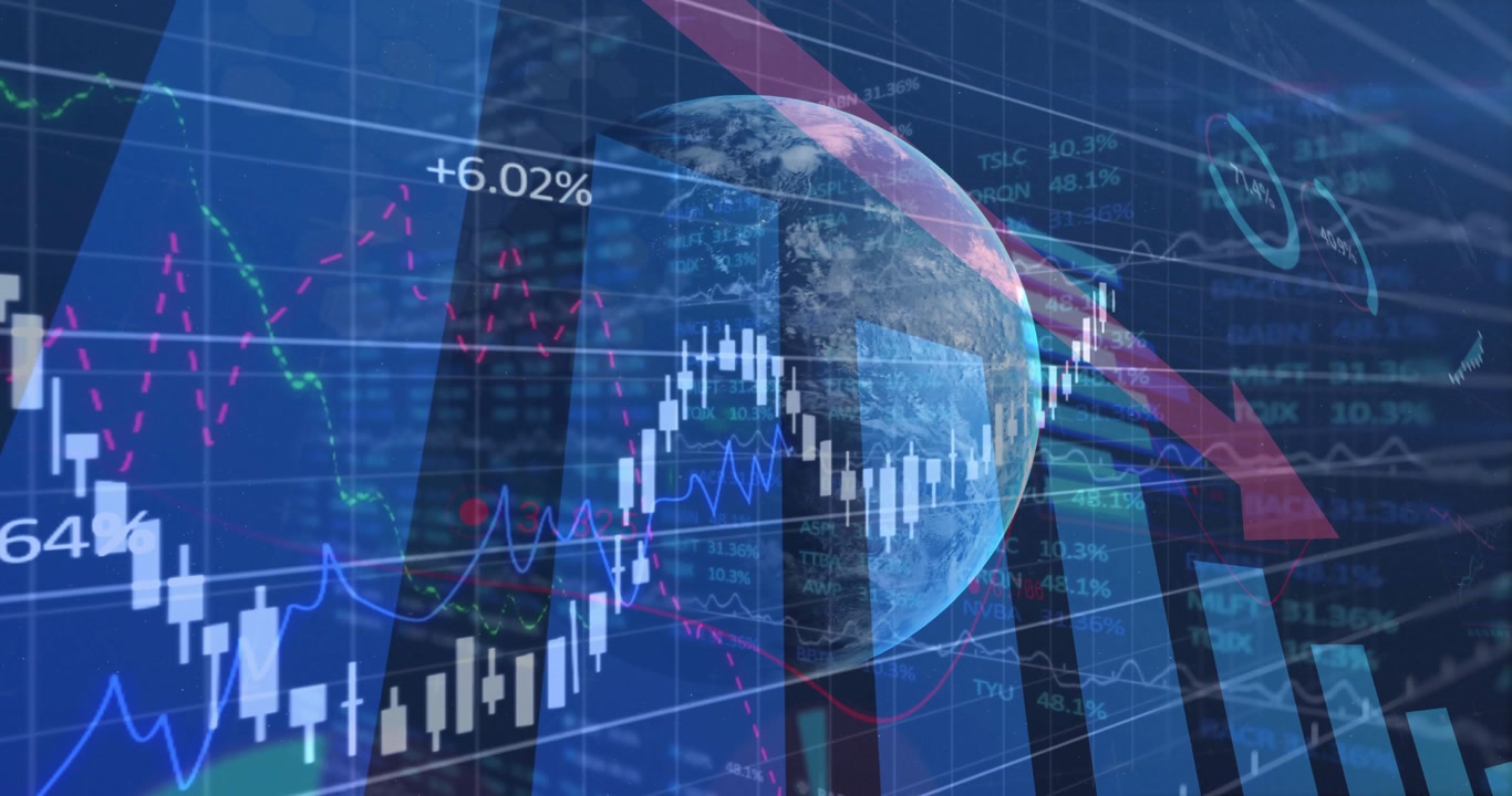 Rotating 3D globe initiating financial dashboard, visualizing candlestick trends, bar graph shifts