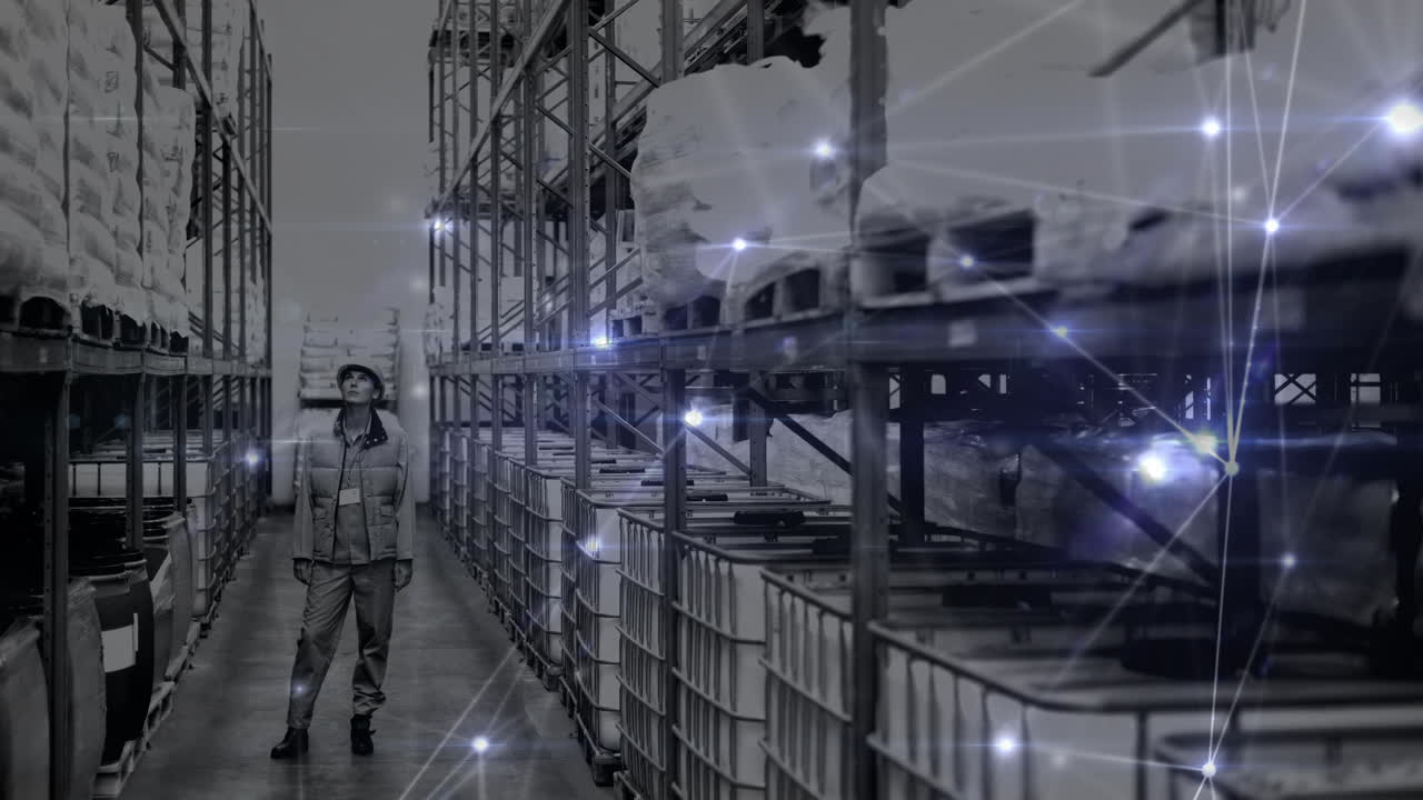 백인 남성 창고 노동자에 대한 연결 네트워크의 애니메이션