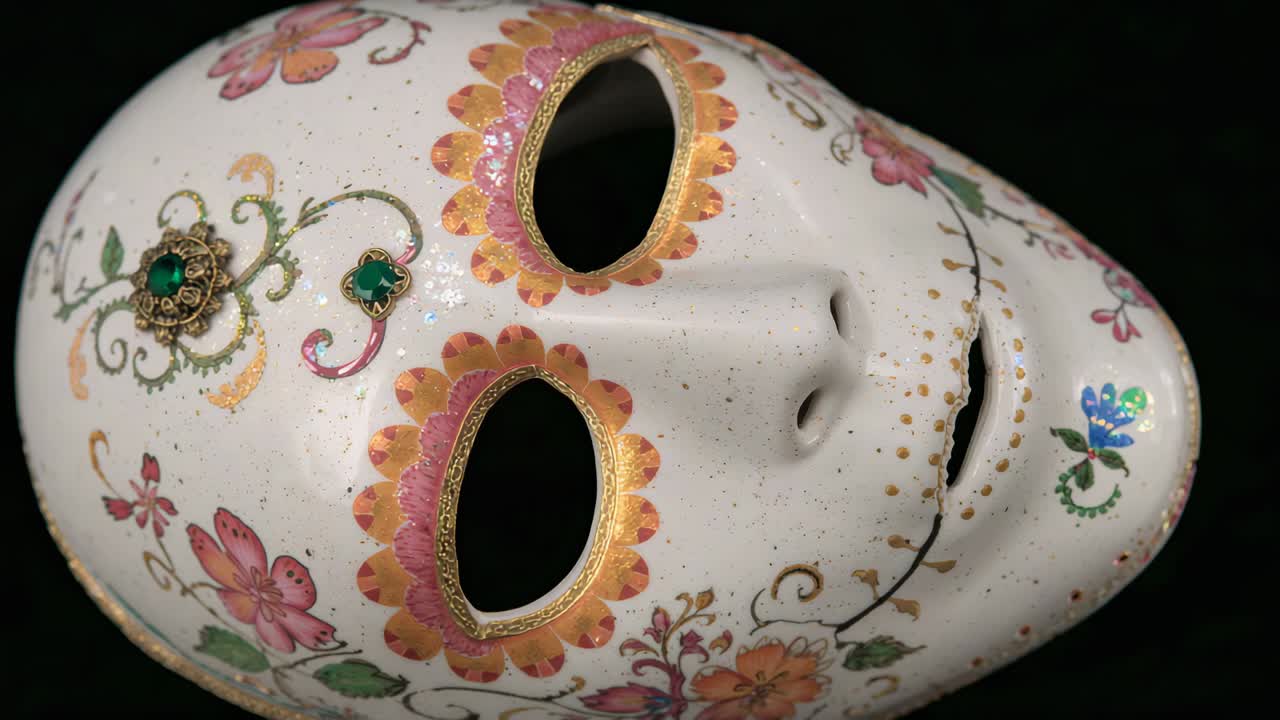 Rotating white mask during frames, revealing gold eye trim, painted flowers, green jewels in studio