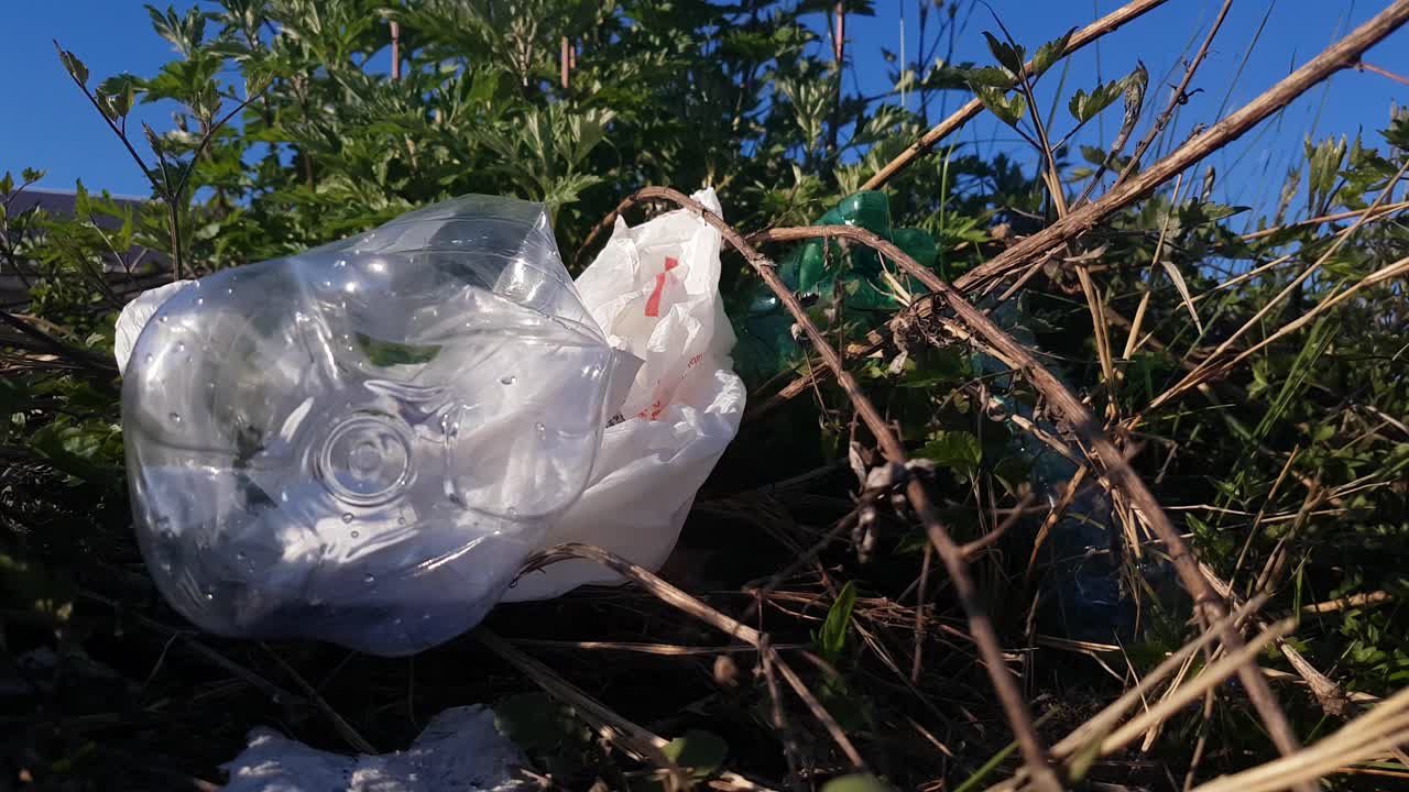 Plastic Bottle and Bag Garbage Waste In Nature Tossed Between Old And New Grass
