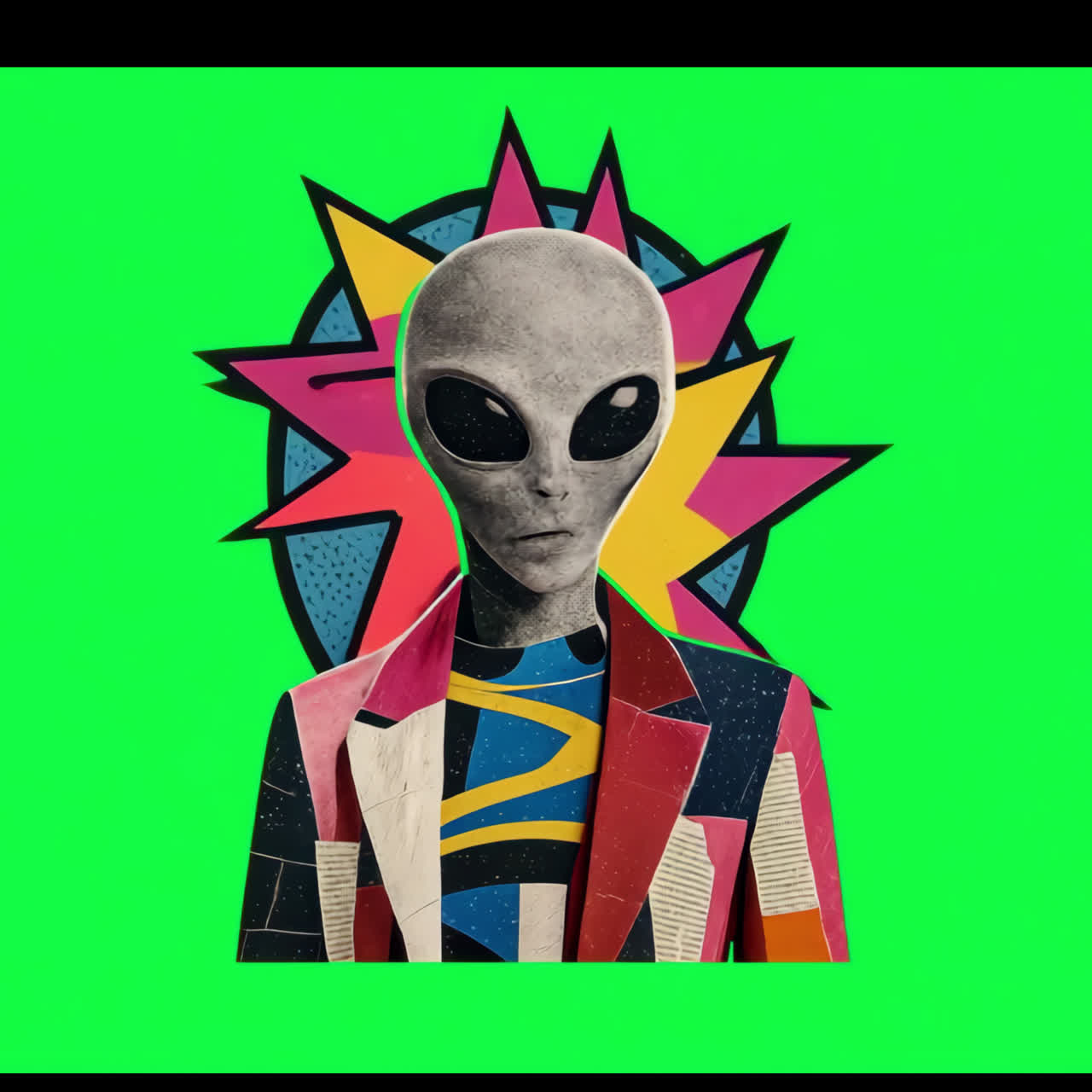Colorful alien collage animation isolated asset, transparent 4K video, alpha channel, ProRes 4444