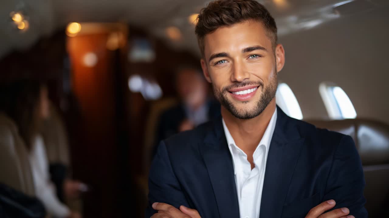 A Confident Individual Smiling on an Elegant Private Jet, Captivating the Essence of Luxury Travel and Business Success While Engaging with Fellow Passengers in a Sophisticated Atmosphere