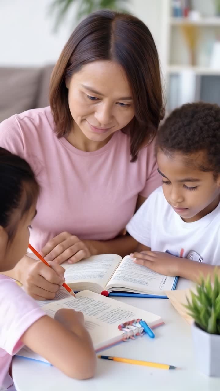 Mother assisting her children with their homework.