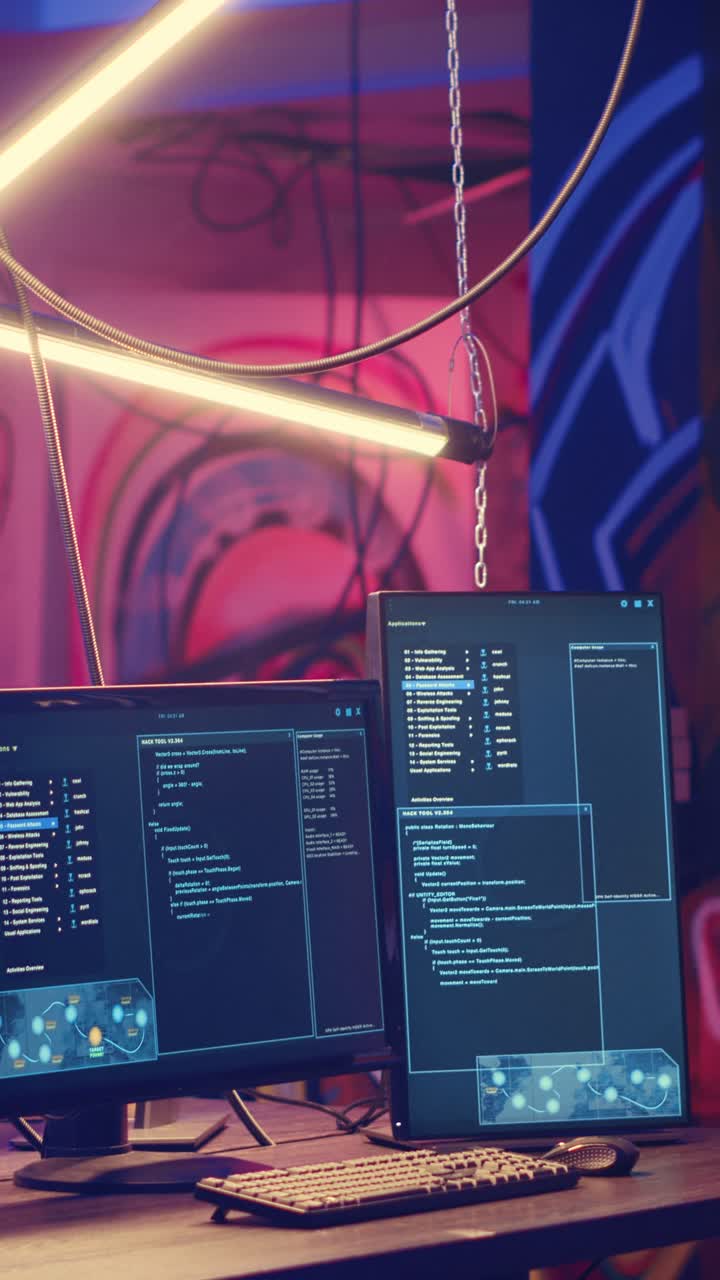 Vertical video PC monitors in empty warehouse