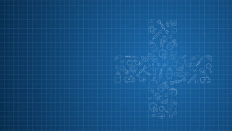 blue medical background with space for text. looped animation of icons in the form of a cross. copy space.