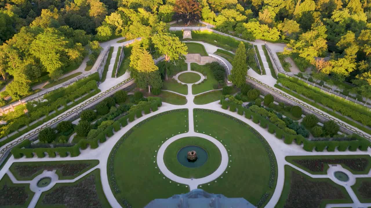 4K Aerial Drone Video of the Manicured Felsenbrunnen Garden at the Grand Residence Palace in Würzburg, Germany