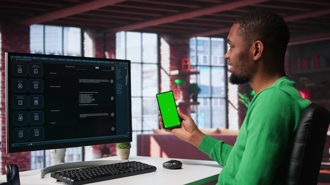 Vertical Video Black male worker in his loft using copy space PC to analyze sales reports
