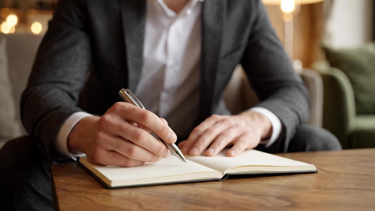 A focused individual in business attire poised at a table, diligently writing in a notebook with a sleek pen while seated in a stylish and cozy environment.