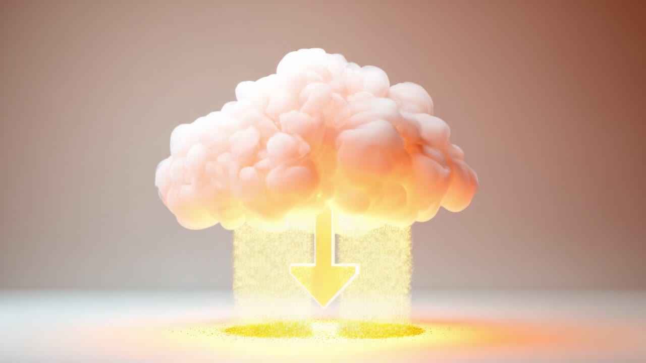 A visually captivating representation of a fluffy cloud with a downward arrow, symbolizing the concept of data transfer or downloading in a modern digital world