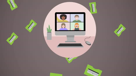 animación de la caída de los afiladores de lápiz verdes y la pantalla de videollamada de la computadora en círculo rosa, en marrón