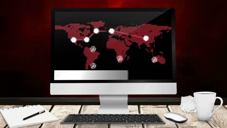 pantalla de noticias con noticias de última hora escritas y mapa del mundo en la pantalla del portátil