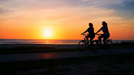 people cycling at sunset by the beach