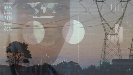 animation of financial data processing over electricity pylons and african american female doctor