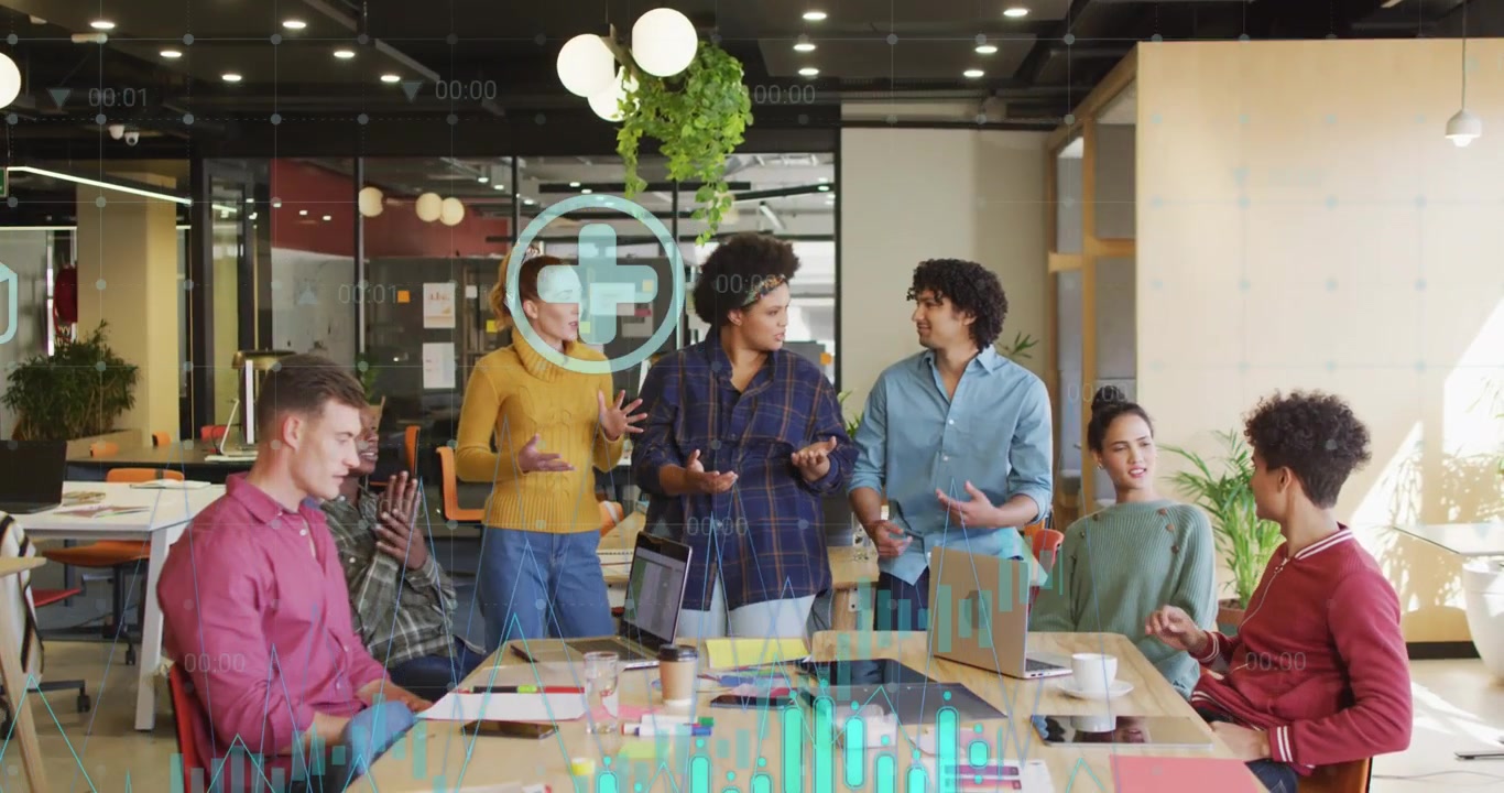 Animation of financial data processing with icons over diverse business people having meeting