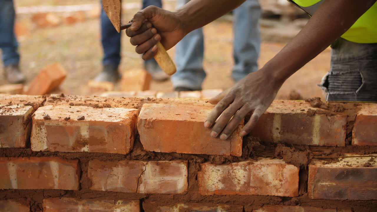 흑인 남성 자원봉사자 는 트로웰 을 사용 하여 시멘트 로 벽돌 을 벽에 는다