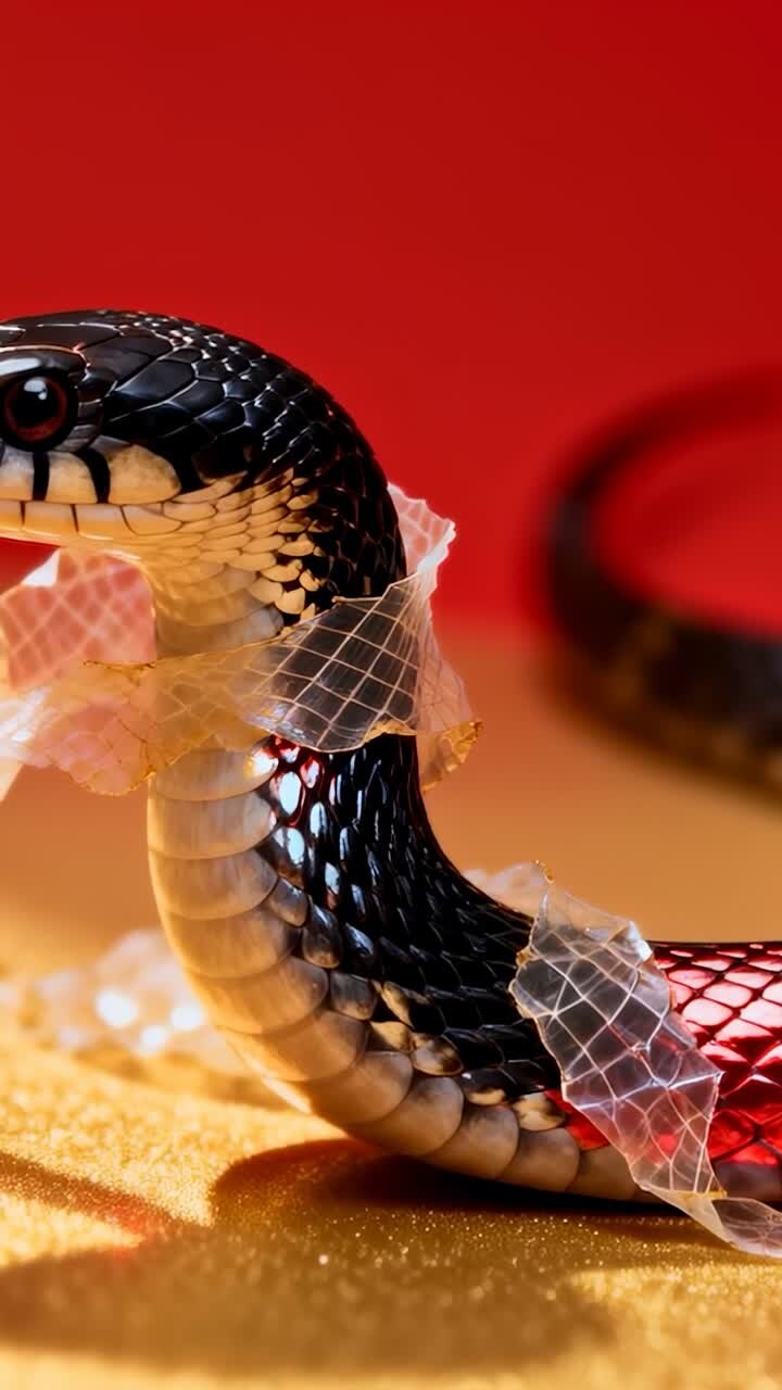 Vertical video: Shedding black-red snake moving on gold sand, red backdrop, shedding skin clinging