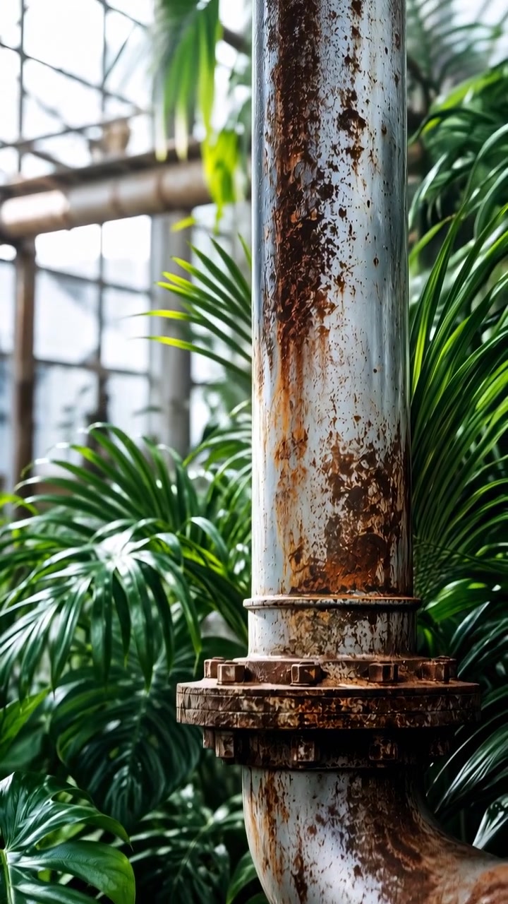 Vertical close view of corroded metal pipe and bolted elbow joint inside glasshouse conservatory, showing heavy rust, peeling paint, oxidized surface, wet texture, leafy plants, soft daylight