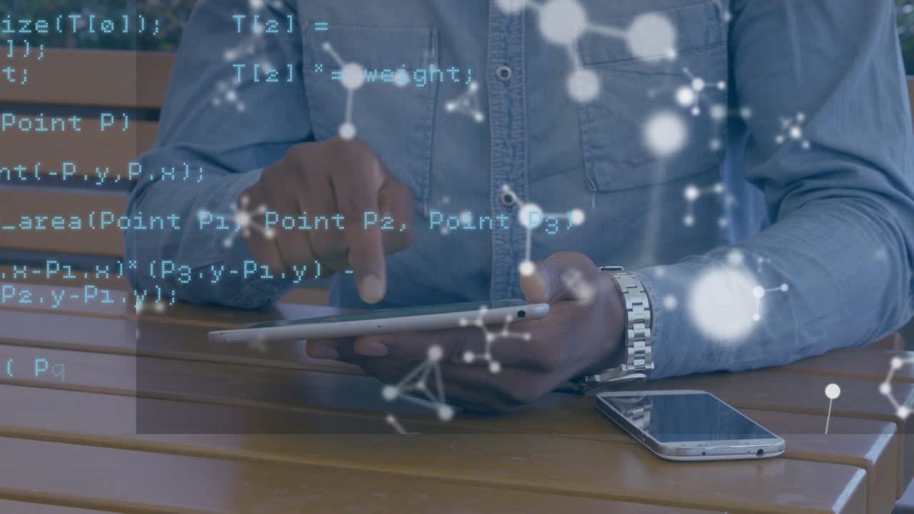 estructuras moleculares flotando sobre la sección media del hombre afroamericano usando una tableta digital