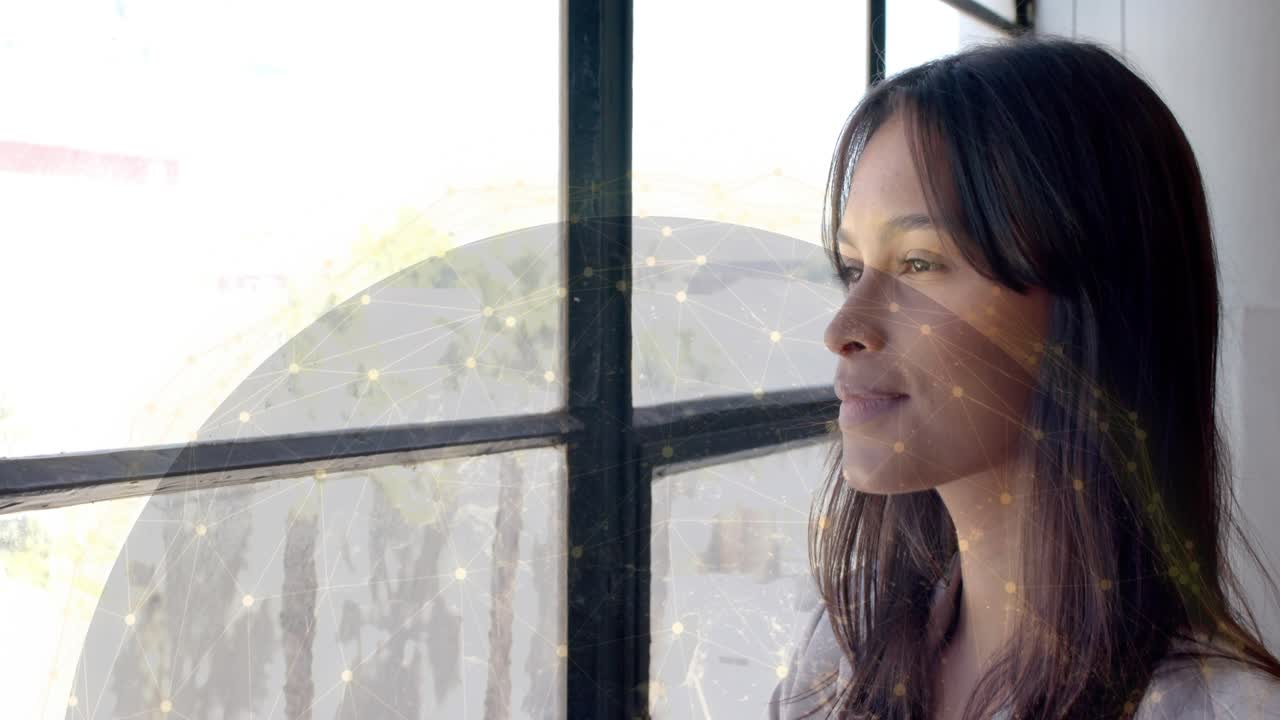 Woman at window turning to camera, connecting after sun, smiling under circular overlay for design