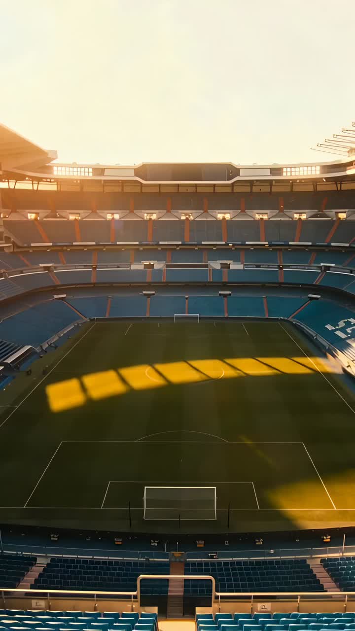 Video verticale: Telecamera che si inclina rivelando un campo da calcio allo stadio al tramonto, mostrando la porta e l'ombra