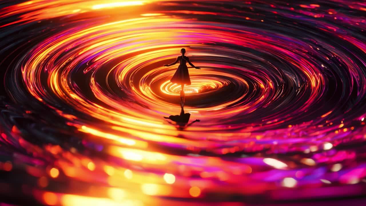 A mesmerizing swirl of vibrant colors encircles a graceful figure, creating an enchanting atmosphere that blends motion and stillness in a beautifully dynamic scene